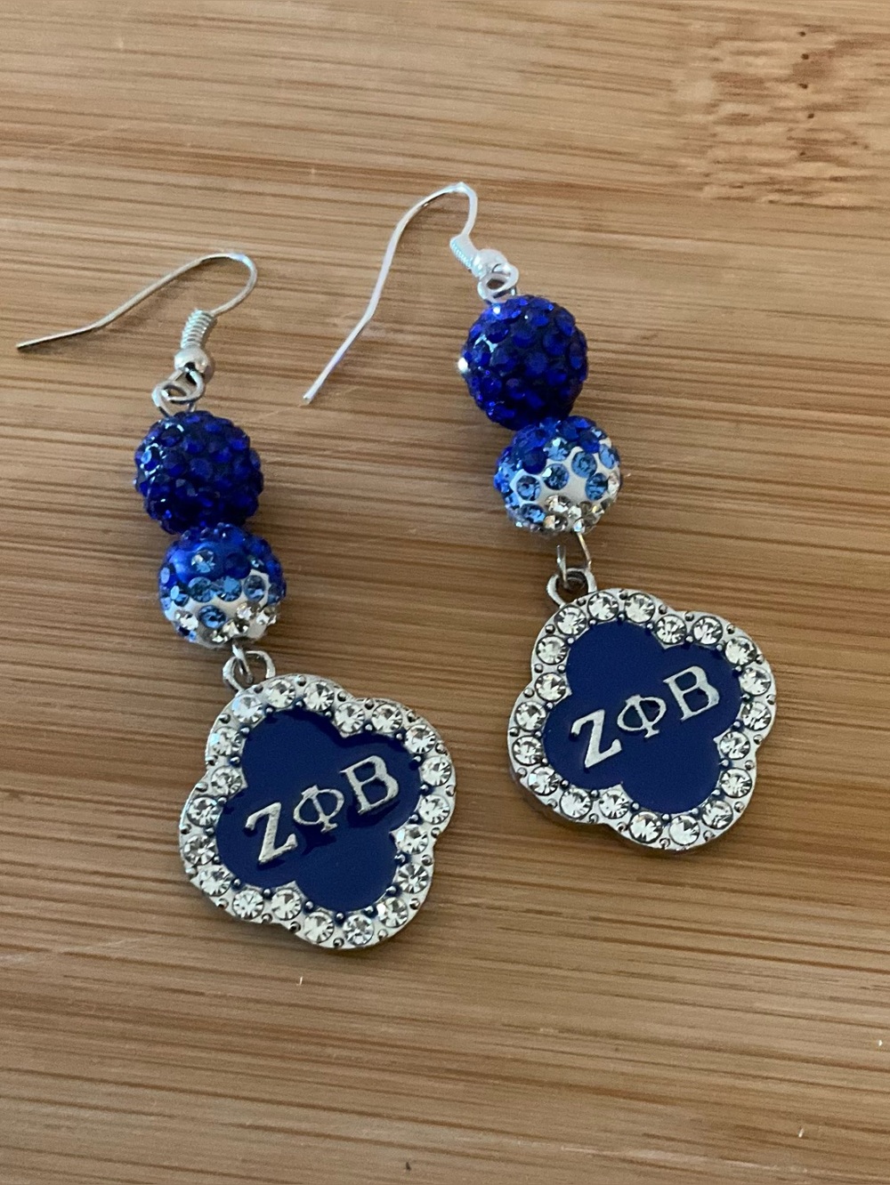 Hand Crafted Blue Rhinestone Drop Earrings with Enamel Zeta Phi Beta Charm